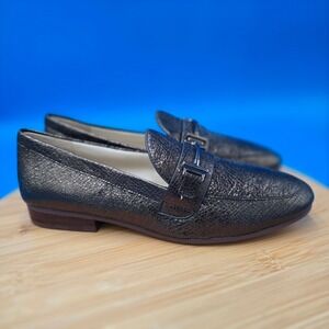 Enzo Angiolini Metallic Black Snake Embossed Leather Loafer Shoes Size‎ 6.5